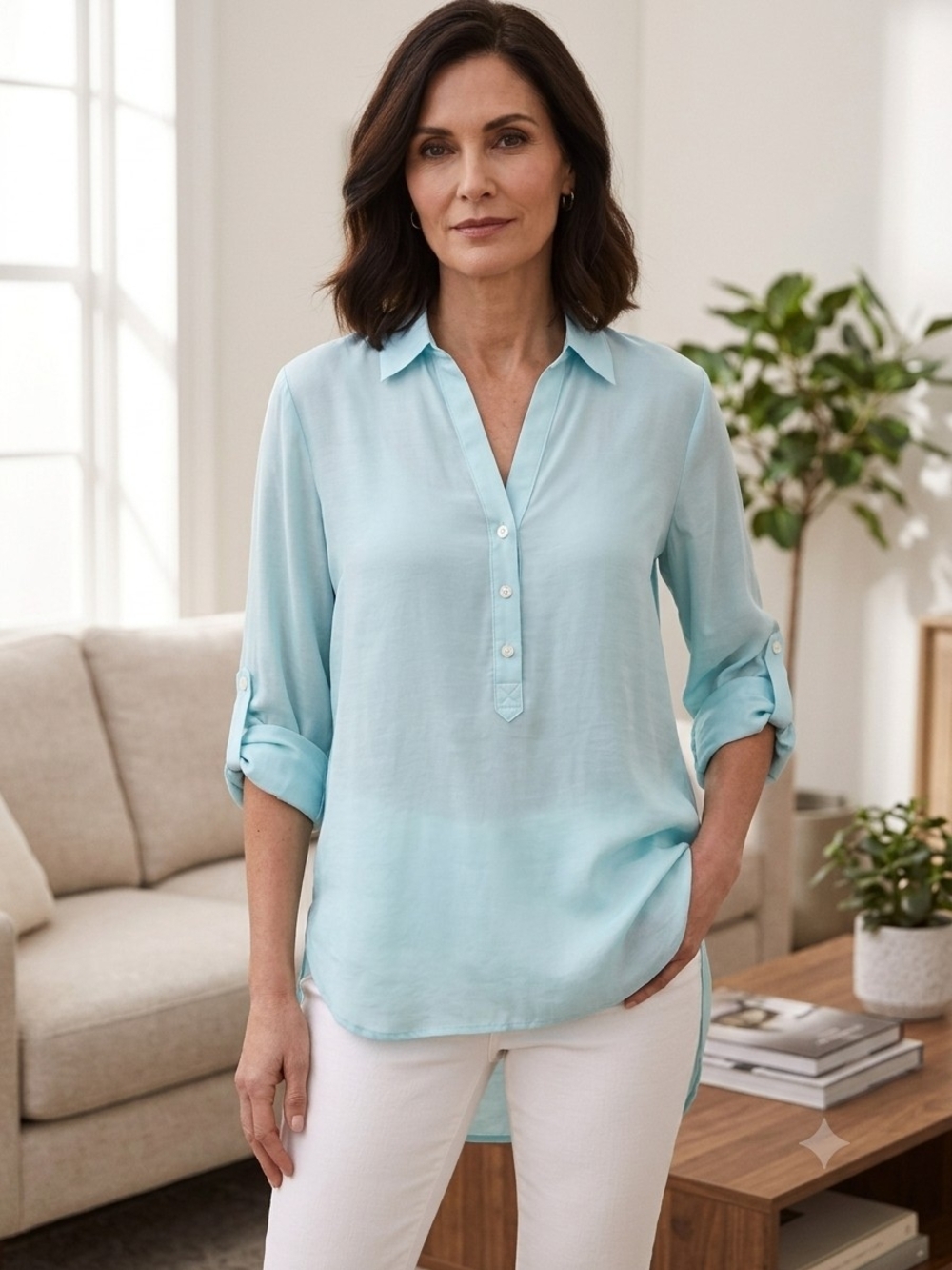 Ann Taylor Blue Linen Blend Collared V-Neck Henley With Roll-tab Sleeve Sz M